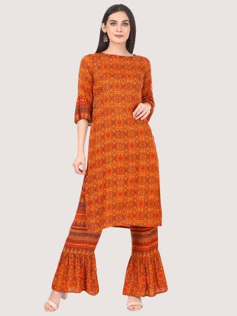

Saadgi Women Orange Printed Kurta with Sharara Pants