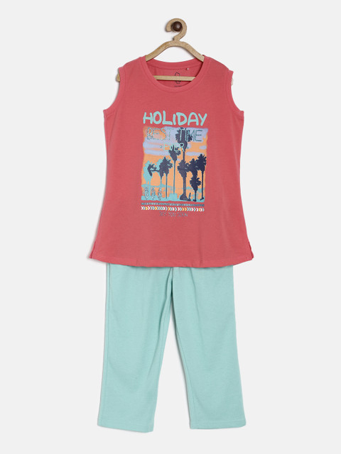 

Sweet Dreams Girls Pink & Turquoise Blue Printed Night suits
