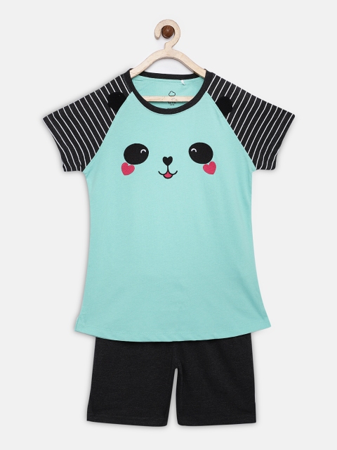 

Sweet Dreams Girls Green & Charcoal Printed Night suit