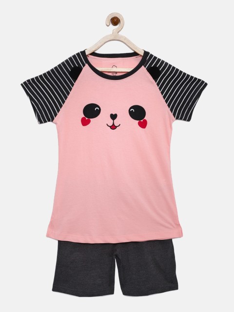 

Sweet Dreams Girls Pink & Charcoal Printed Night suit