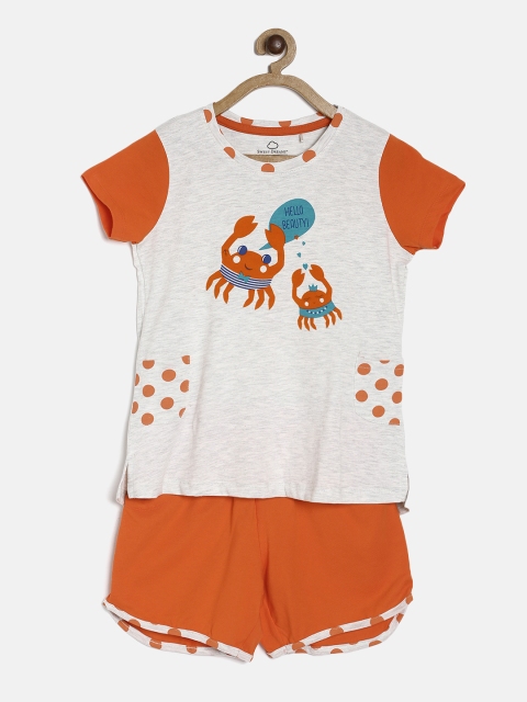 

Sweet Dreams Girls Off-White & Orange Printed Night suit