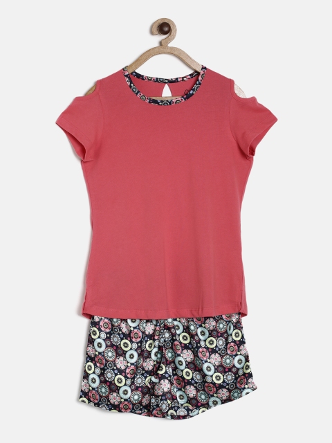 

Sweet Dreams Girls Coral & Black Printed Night Suit