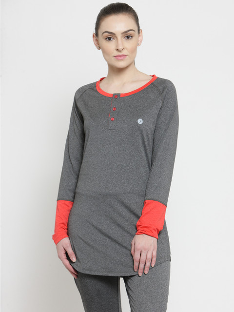 

BUKKUM Women Charcoal Grey Solid Round Neck T-shirt