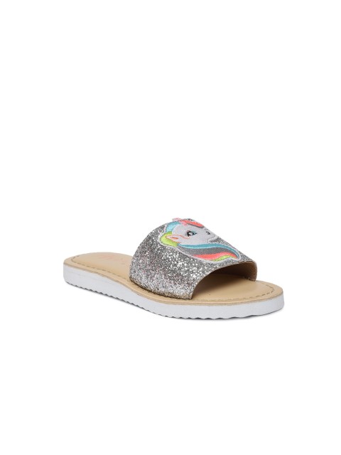 

Aria Nica Girls Silver-Toned Solid Leather Open Toe Flats