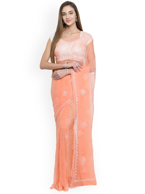 

Geroo Jaipur Hand Embroidered Peach Chiffon Sustainable Saree