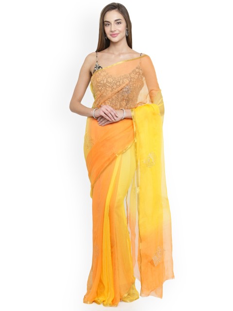 

Geroo Jaipur Yellow & Orange Pure Chiffon Embellished Saree