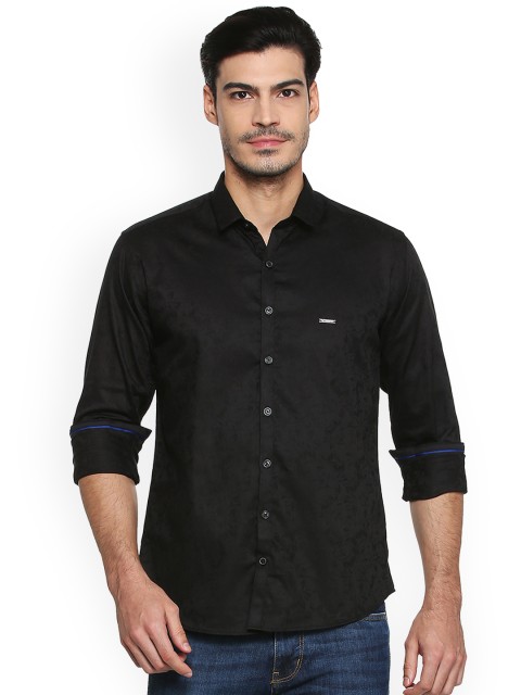 

V Dot Men Black Slim Fit Self Design Casual Shirt