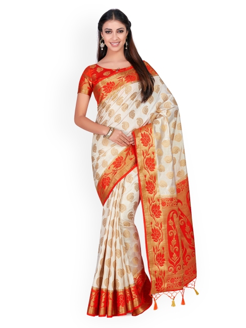

MIMOSA Off-White & Orange Art Silk Woven Design Kanjeevaram Saree