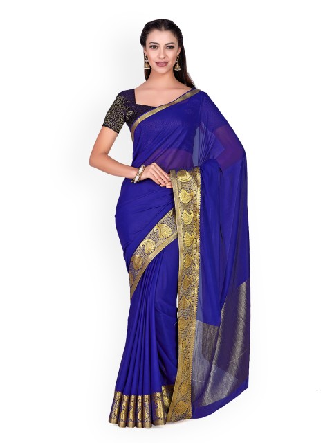 

MIMOSA Navy Blue Solid Poly Chiffon Saree