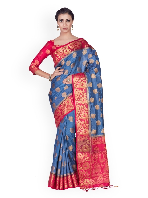 

MIMOSA Blue & Red Art Silk Embellished Kanjeevaram Saree