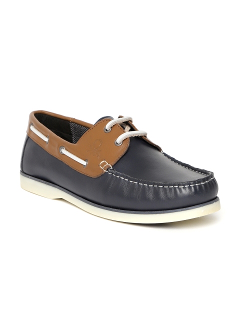 

United Colors of Benetton Men Navy & Brown Colourblocked Leather Boat Shoes, Navy blue