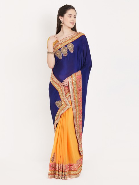 

Nanda Silk Mills Navy Blue & Yellow Poly Chiffon Embroidered Saree