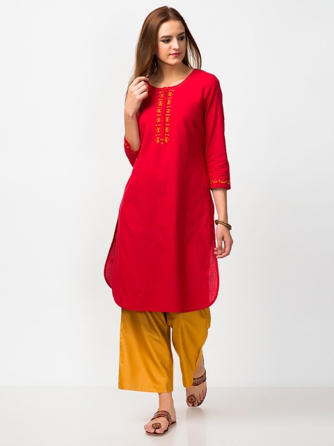 

Fabindia Women Red Yoke Design Slim Fit Straight Kurta