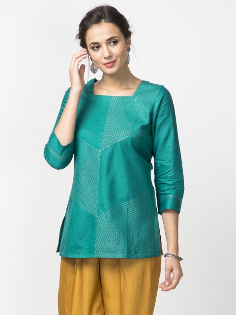 

Fabindia Women Turquoise Green Self Design A-Line Kurti, Turquoise blue