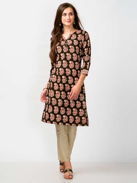 

Fabindia Women Coffee Brown & Beige Hand block Print A-Line Kurta