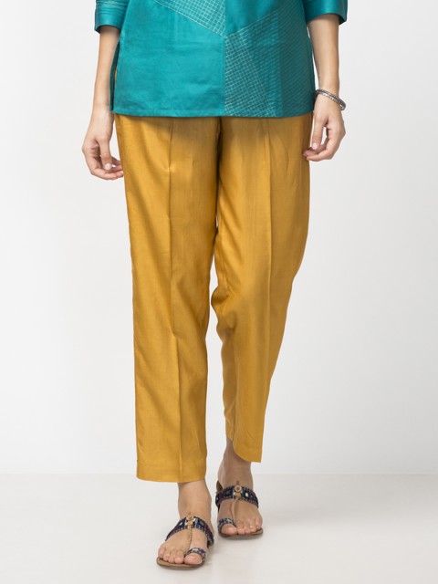 

Fabindia Women Mustard Yellow Regular Fit Solid Cropped Trousers