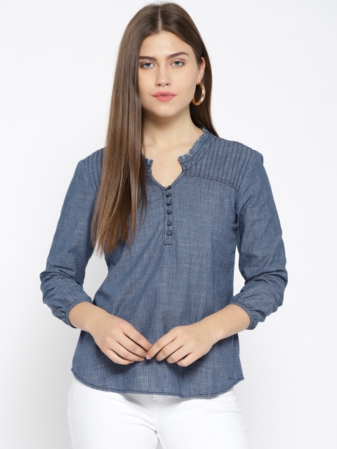 

Xpose Blue Printed Chambray Pure Cotton Top
