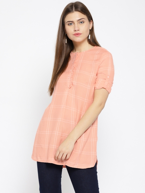 

Xpose Peach-Coloured & White Checked Tunic