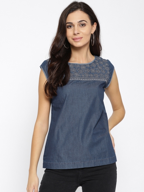 

Xpose Women Navy Blue Solid Chambray Top