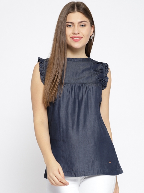 

Xpose Women Navy Blue Solid Chambray Top