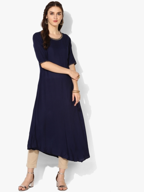

Sangria Navy Blue Embroidered Asymmetric Hemline Round Neck High-Low Flared Kurta