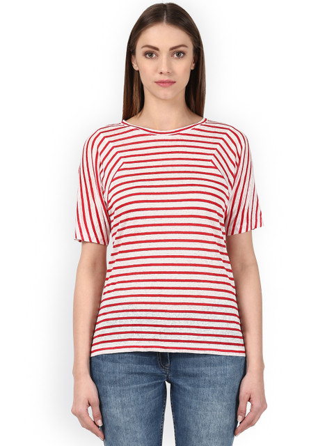 

Park Avenue Women Red Striped Round Neck T-shirt