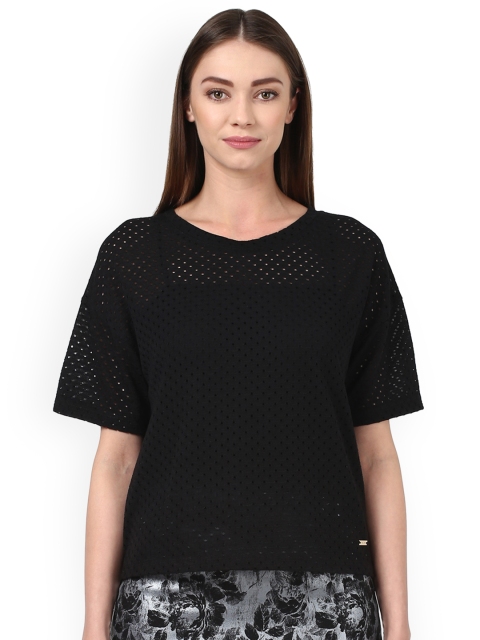 

Park Avenue Women Black Self Design Boxy Round Neck T-shirt