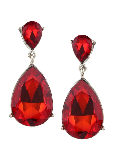 

Forever New Red & Silver-Toned Teardrop Shaped Drop Earrings