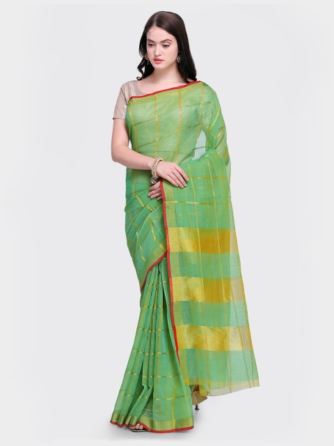 

Sugathari Green & Golden-Coloured Organza Checked Tussar Saree
