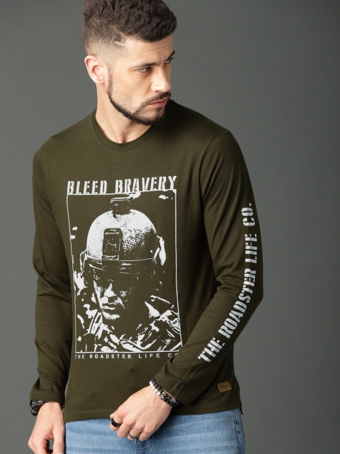 

Roadster Men Olive Green Printed Round Neck Pure Cotton T-shirt