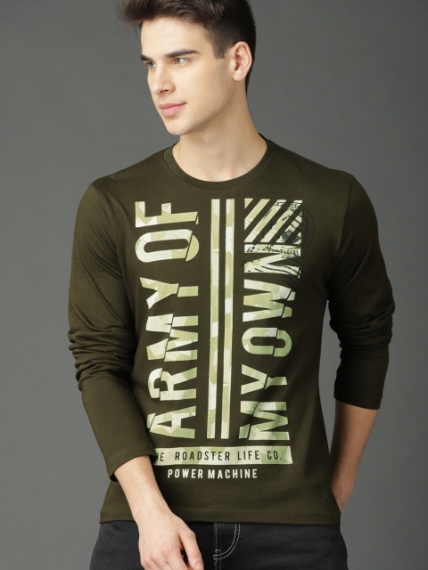 

Roadster Men Olive Green Printed Round Neck T-shirt