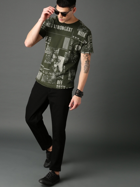 

Roadster Men Olive Green Printed Round Neck T-Shirt