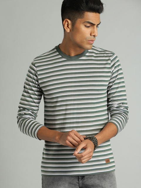 

Roadster Men Green & Grey Striped Round Neck T-shirt