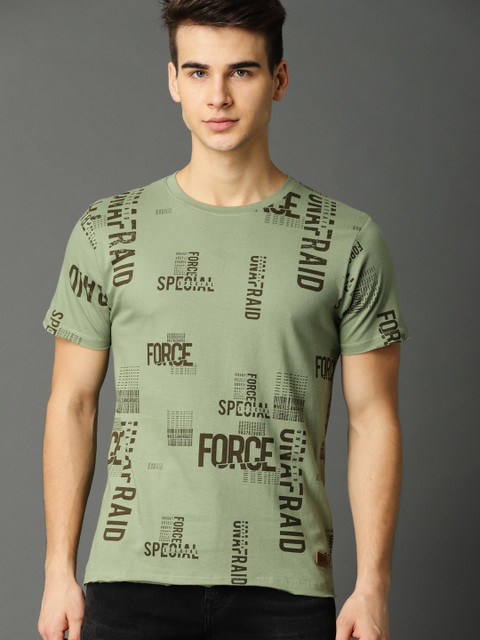 

Roadster Men Olive Green Printed Round Neck T-shirt