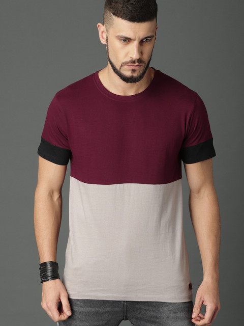 

Roadster Men Maroon & Grey Colourblocked Round Neck T-shirt