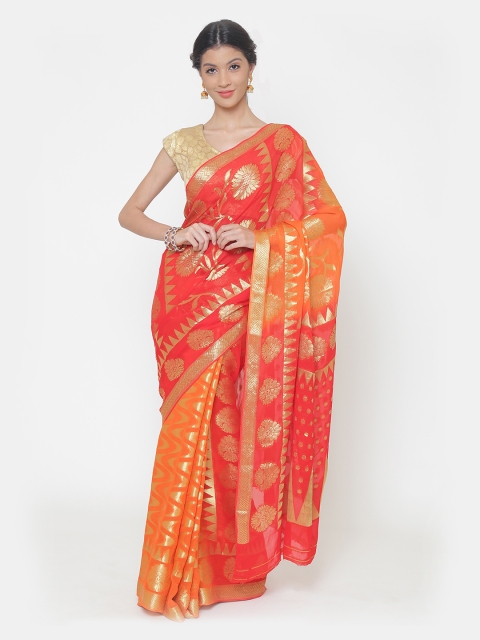 

Chhabra 555 Orange & Red Poly Georgette Woven Design Leheriya Saree
