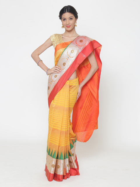 

Chhabra 555 Yellow & Orange Art Silk Woven Design Banarasi Saree