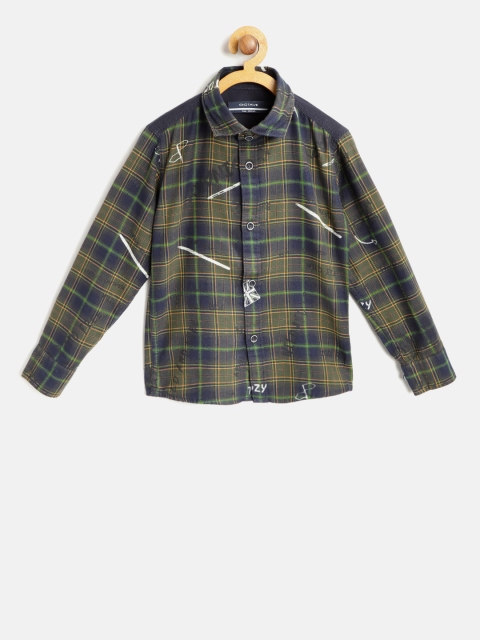 

Octave Boys Olive Green & Navy Blue Regular Fit Checked Casual Shirt