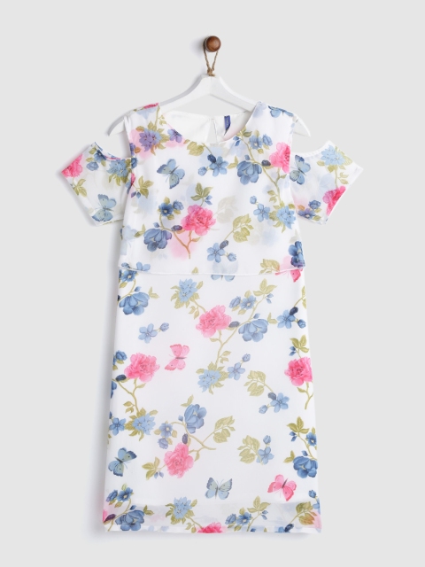 

YK Girls Off-White & Blue Printed A-Line Dress