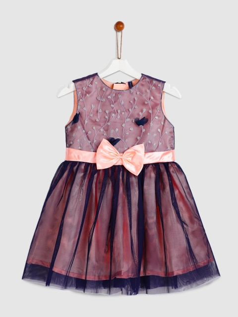 

YK Girls Blue & Peach Printed Fit and Flare Dress with Embroidery and Mesh