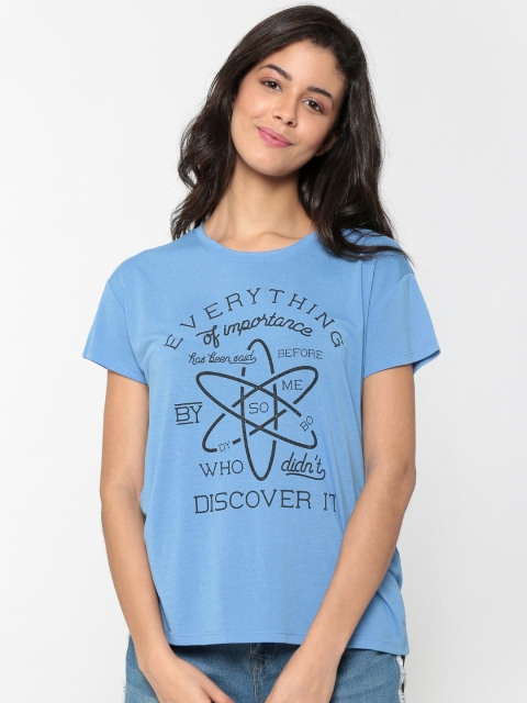 

ONLY Women Blue Printed Round Neck T-shirt