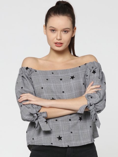 

ONLY Women Black & White Checked Off-Shoulder Top