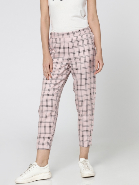 

ONLY Women Pink Slim Fit Checked Regular Cropped Trousers