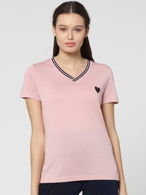 

ONLY Women Pink Embroidered V-Neck T-shirt