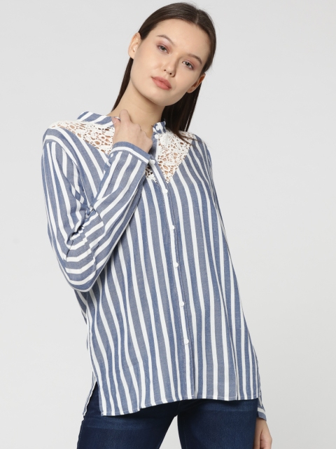 

ONLY Women Blue & White Striped Shirt Style Top