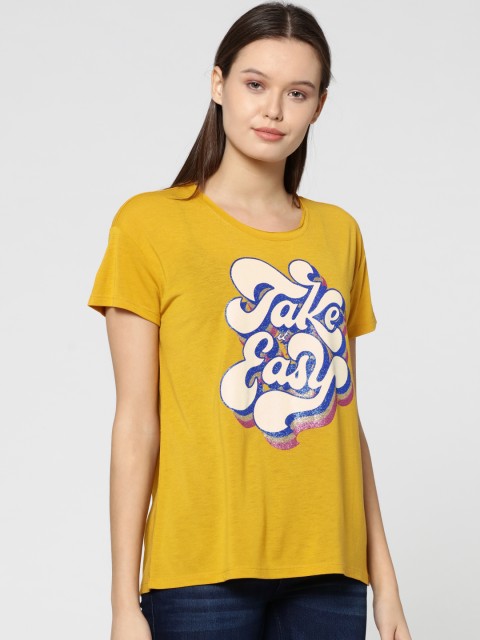 

ONLY Women Mustard Yellow Printed Round Neck T-shirt