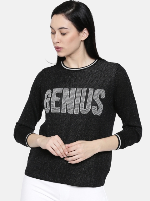 

ONLY Women Black Self-Design Round Neck T-shirt
