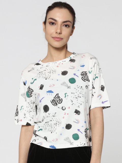 

ONLY Women White Printed Round Neck T-shirt