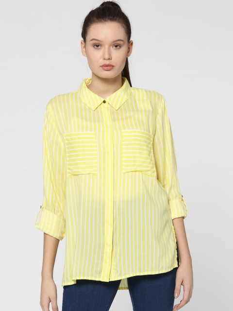 

ONLY Women Yellow & White Striped High-Low Hem Shirt