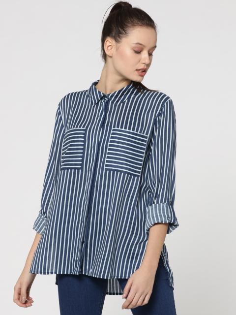 

ONLY Women Navy Blue & White Striped High-Low Hem Shirt